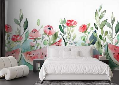 Watermelon, Watercolor Floral Border, watercolor illustration, isolated on white background Wall mural