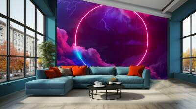 cycled 3d animation. Glowing neon ring and illuminated thunder cloud spins and rotates endlessly. Abstract round frame, laser line in the sky Wall mural