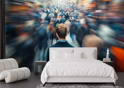 Focused one man standing among hundreds of blurred people on road Wall mural