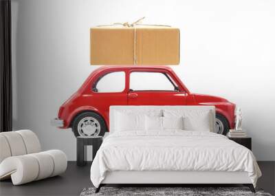 parcel on red car isolated on white Wall mural