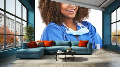 African nurse woman, happy and arms crossed in portrait with smile, pride or face transparent png background. Isolated female medic, doctor and happiness for healthcare, wellness or service at clinic Wall mural