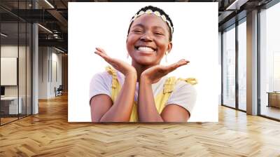 Black woman, flower or crown portrait and a smile on face isolated on a transparent, png background. Natural beauty, happy and hands frame of an African girl with a excited glow for spring flowers Wall mural