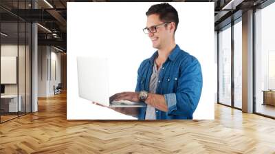 Happy, smile and laptop with man on png background for creative, internet or connection. Web design, technology and online with male freelancer isolated on transparent for website, blogger or search Wall mural