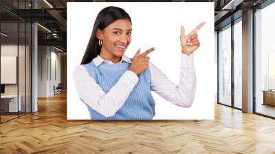 Portrait, happy woman and pointing by hand for offer, deal or notification. Indian person, entrepreneur and smile with gesture on isolated or transparent png background for choice, decision or option Wall mural