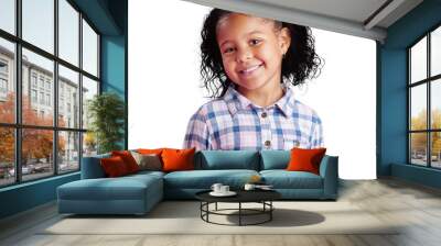 Portrait, smile and girl child isolated on a transparent png background with confidence. Face, kid and happiness of female person from Brazil with fashion, trendy and stylish clothing for beauty. Wall mural