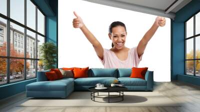 Portrait, thumbs up and motivation from a happy woman for success isolated on transparent png background. Yes, hands and support with a young female winner giving a like for review or feedback Wall mural