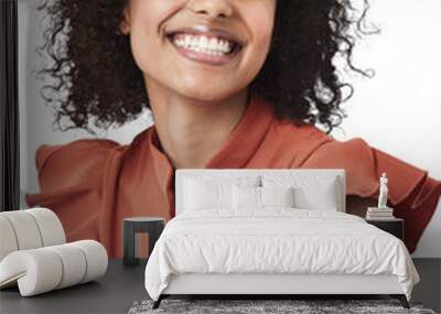 Smile, fashion and happy black woman relax on isolated, transparent and png background. Cheerful, smiling and stylish african girl model laughing, carefree and having fun, excited and trendy Wall mural