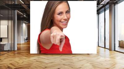 Smile, portrait and a woman pointing at you for choice, selection or opportunity isolated on a transparent png background. Excited, happy and hand gesture of a girl model with finger for a decision Wall mural