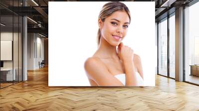 Beauty, skincare and natural with portrait of woman on transparent background for cosmetics, spa treatment and glow. Happy, self care and facial with person isolated on png for hairstyle and makeup Wall mural