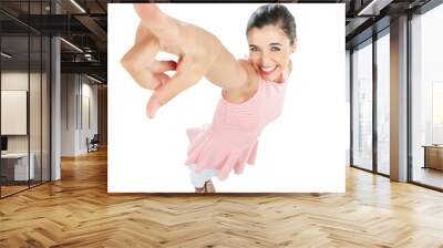 Excited, woman and pointing up in portrait and presentation, advertising and direction isolated on transparent png background. Announcement, news and information, happy female model hand and top view Wall mural