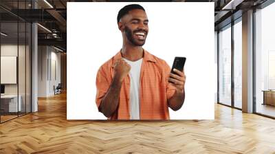 Happy man, phone and fist pump with good news in celebration for winning or success on a transparent PNG background. Excited male person with smile on mobile smartphone for amazing deal or promotion Wall mural