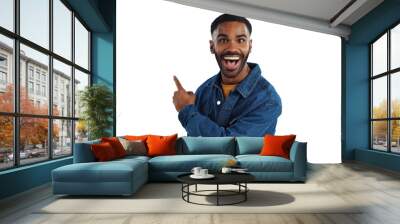 Happy man, portrait and pointing with surprise for advertising or marketing on a transparent PNG background. Excited, smile or young male person showing notification, deal or alert for amazing offer Wall mural