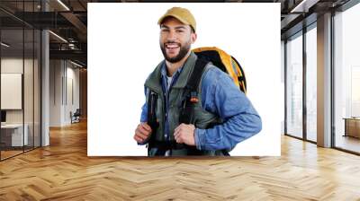 Hiking, backpack or portrait of man with fitness journey on isolated, transparent or png background. Camping, travel or face of guy person trekking with freedom, vacation or wellness exercise holiday Wall mural