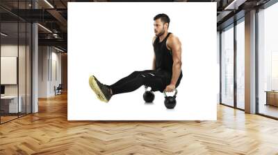 Man, fitness and balance on kettlebell, bodybuilder and muscle training isolated on transparent png background. Exercise, strong male athlete and concentration with bodybuilding and breathing Wall mural