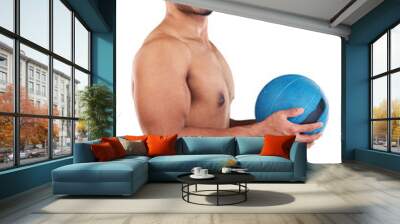 Portrait, fitness and medicine ball with a muscular man isolated on a transparent background for health. Exercise, wellness and body with a shirtless male athlete holding sports equipment on PNG Wall mural