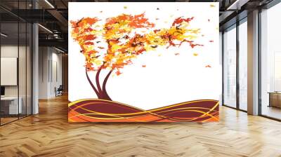 Autumn grunge tree in the wind. Vector Wall mural