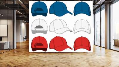 Set of baseball caps, front, back and side view. Vector illustration Wall mural