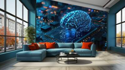 A colorful brain living on electronics, CPU, high technology, Artificial intelligence Wall mural