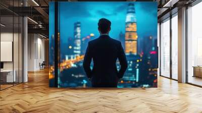 A contemplative businessman in a suit gazes out at the city skyline, reflecting on corporate success and strategy Wall mural