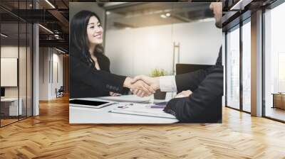 beautiful business woman making handshake with businessman, investor or partner after finishing discussion in meeting Wall mural