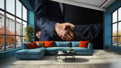 Business agreement and successful negotiation concept, businessman in suit shake hand with customer, client after formal communication and contract deal success on black background Wall mural