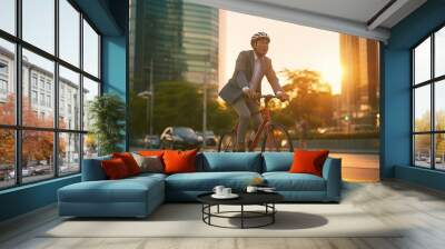 businessman wearing helmet biking with bicycle on road in city to work, Generative AI Wall mural