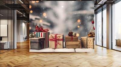 Christmas banner background, vintage gift boxes and balls on full with snow, Generative AI. Wall mural