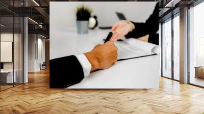 Close up hand sign, Bank agency explain and employee signing contract Wall mural