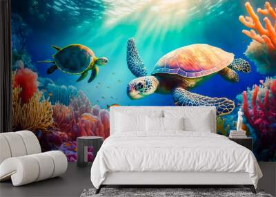 Colorful tropical fish and turtle life in the coral reef, animals of the underwater sea world, Generative AI Wall mural