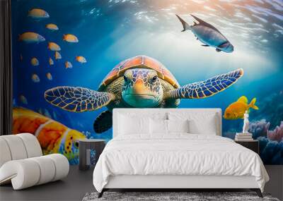 Colorful tropical fish and turtle life in the coral reef, animals of the underwater sea world, Generative AI Wall mural