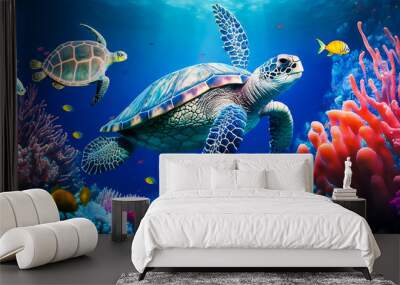 Colorful tropical fish and turtle life in the coral reef, animals of the underwater sea world, Generative AI Wall mural