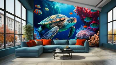 Colorful tropical fish and turtle life in the coral reef, animals of the underwater sea world, Generative AI Wall mural