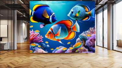 Colorful tropical fish life in the coral reef, animals of the underwater sea world, Generative AI Wall mural