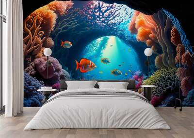 Colorful tropical fish life in the coral reef in cave under water sea world, Generative AI Wall mural