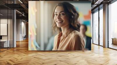 creative caucasian woman in casual wear present to team discussing with colorful note paper on wood table, planning to success concept, Generative AI Wall mural