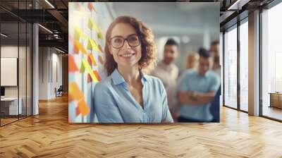 creative caucasian woman in casual wear present to team discussing with colorful note paper on wood table, planning to success concept, Generative AI Wall mural