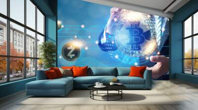 Digital bitcoin and crypto currency network, Blockchain and NFT technology trade and exchange financial innovation futuristic, Businessman holding coins of modern cryptocurrency metaverse finance Wall mural