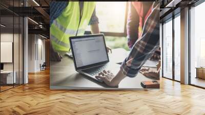 Engineer and worker planning for construction building and renovate in working site Wall mural