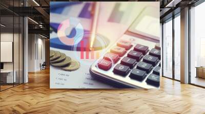 graph,row of money coisn and calculator on paper  finance, account and capital  banking concept Wall mural