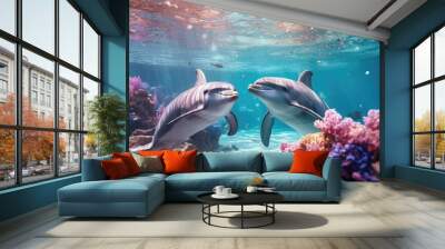 group of dolphins in colorful underwater, AI generative.group of dolphins in colorful underwater, AI generative Wall mural