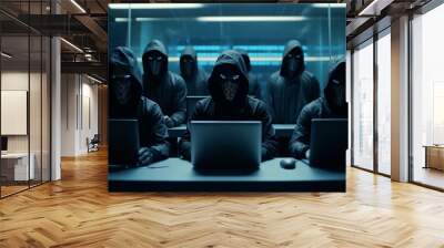 Hackers with hoodies with dark face mask. Hacker group team in front laptop in modern office, Generative AI Wall mural