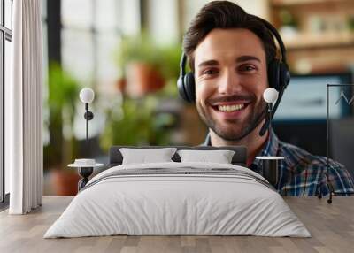 happy Male contract service representative telemarketing operator smiling to camera. Happy man call center agent or salesman wearing headset working in customer support office. Wall mural