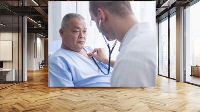 Healthcare and checking pressure, doctor use stethoscope for measurement of old patient Wall mural