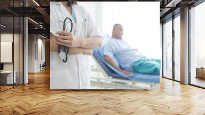 Healthcare and medical concept, close up doctor holding stethoscope with old patient laying down on bed Wall mural