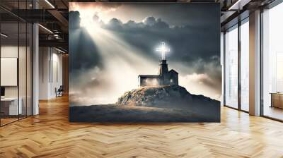 holy cross symbolizing the death and resurrection of Jesus Christ with The sky over Golgotha Hill is shrouded in light and clouds, AI generative Wall mural