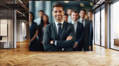 leader businessman in suit in with blured team people in office, successful teamwork and confident manager, Generative AI Wall mural