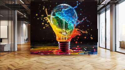 lightbulb Idea concept with colorful liquid of splashing insite, Creative idea on black background Wall mural