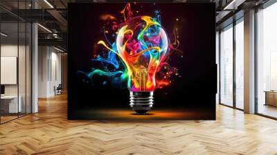 lightbulb Idea concept with colorful liquidof splashing Unique Creative idea on black background, Generative AI Wall mural