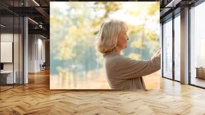 senior woman and man hug together and kiss on wife's hand on a fallen autumn leaves in a park, love old couple concept Wall mural