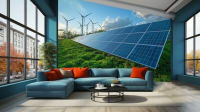 Solar energy panel photovoltaic cell and wind turbine farm power generator in nature landscape Wall mural